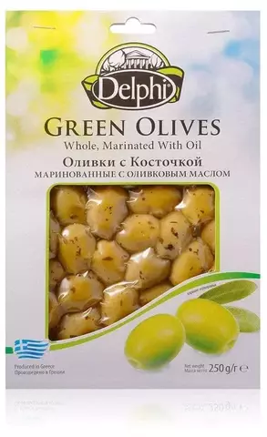 Оливки с косточкой зелёные в оливковом масле DELPHI